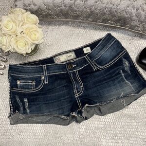 BKE Stella Blue Jean cut off Shorts with Distressed Hem thick stitch low rise 28